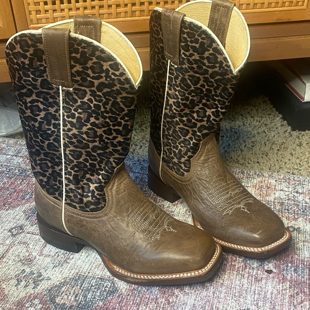 Roper Big Girl Cheetah Leather Cowgirl Cowboy Boot Square Toe